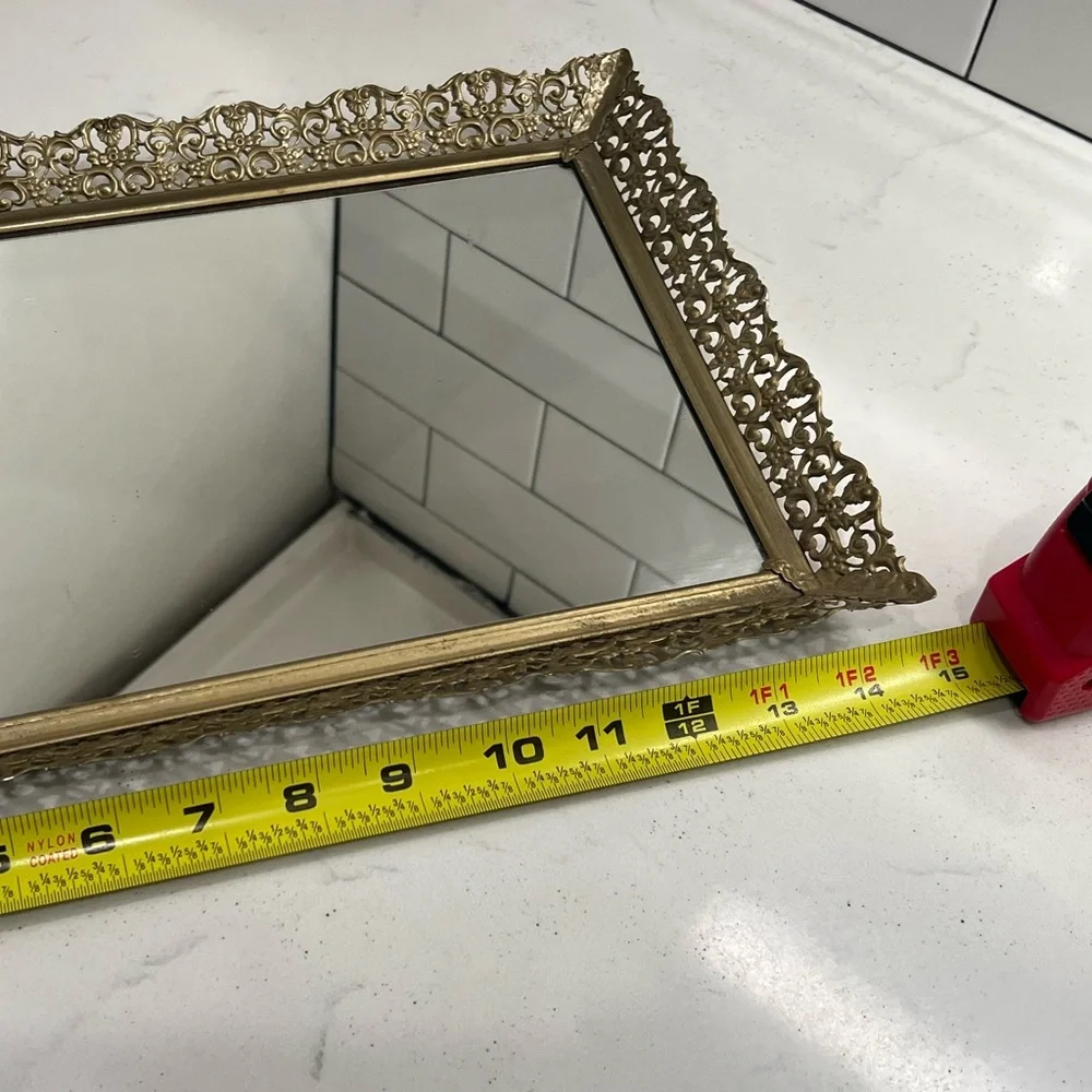 Vintage Gold Filigree Vanity Dresser Hollywood Regency Mirror Tray